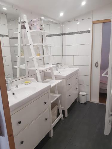 a white bathroom with two sinks and a ladder at Au coeur de LYON in Lyon