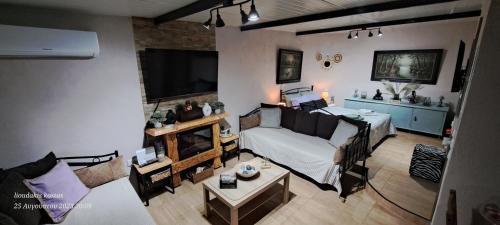 a living room with a couch and a tv at Zoe garden home in Spáta