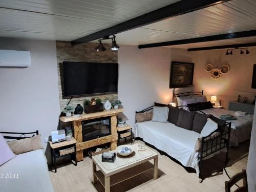 a living room with a couch and a tv at Zoe garden home in Spáta