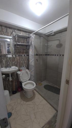 een badkamer met een douche, een toilet en een wastafel bij (3) Cuarto confortable en la mejor zona de Puebla. in Tlazcalancingo