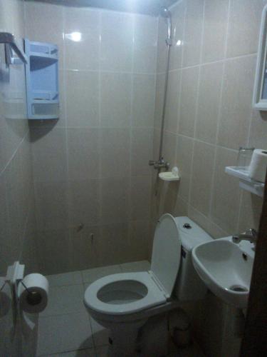 a small bathroom with a toilet and a sink at Maison d'Hôte La Roche Noire in Fint