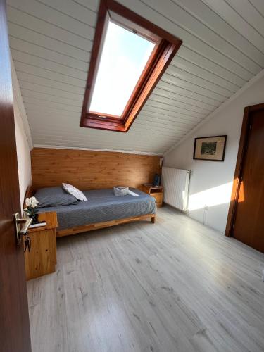 a bedroom with a bed and a skylight at Tang house 唐舍 in Budapest