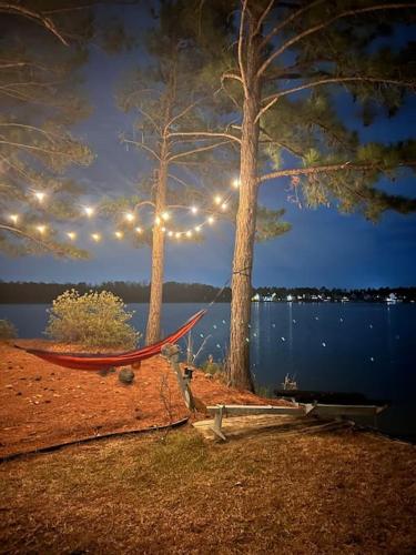 a hammock is tied to two trees with lights at Modern 3br Lake front home in Sanford