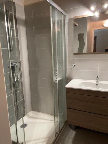 une salle de bain avec douche et lavabo dans l'établissement Gîte dans la Vallée du Lot, à Canilhac