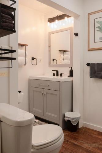 a bathroom with a sink and a toilet and a mirror at 1885 Garden Studio - Historic Heart of Savannah - Pulaski Ward in Savannah