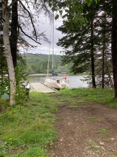a boat is docked at a dock on a lake at Knockmore's Kingfisher Cabin in Baddeck
