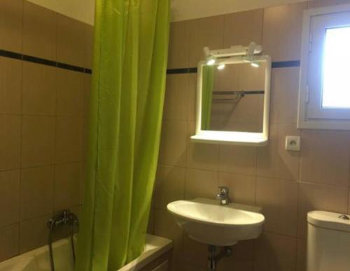 a bathroom with a green shower curtain and a sink at Les terrasses de Lozari in Belgodère