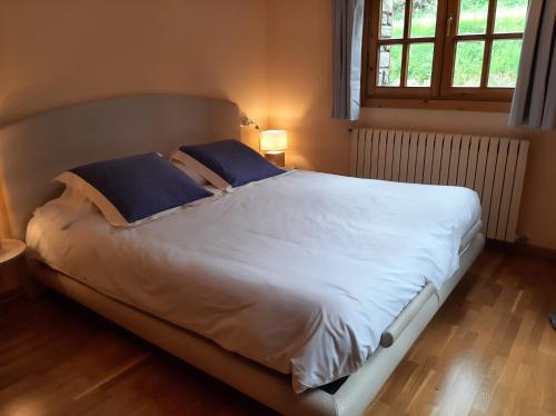 a large white bed with blue pillows in a bedroom at Flor de Muntanya in Canillo