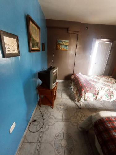 基多的住宿－HOTEL EL PANECILLO-Tanta，一间卧室配有一张床和一张桌子上的电视