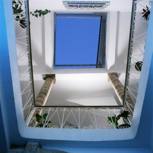 a mirror in a room with a window and plants at Dar Lazuli Bed & Breakfast in Essaouira