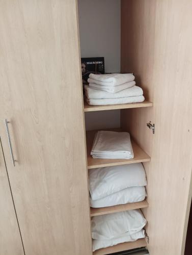 a closet with a door open with white towels at Дунав билдингс 3 in Pleven