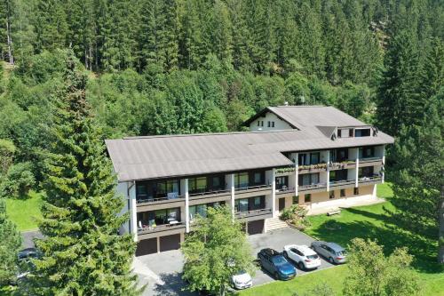 an aerial view of a house with cars parked in a yard at Appartement Rosa in Patergassen
