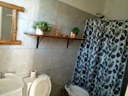 a bathroom with a toilet and a shower curtain at Departamentos Fabio in Federación