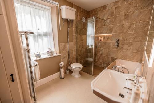 uma casa de banho com um lavatório, um WC e um chuveiro em George's Cottage em Bamford