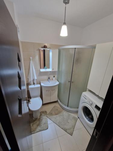 La salle de bains est pourvue de toilettes et d'un lave-linge. dans l'établissement Apartament 2 camere, modern! Complex privat!, à Popeşti-Leordeni