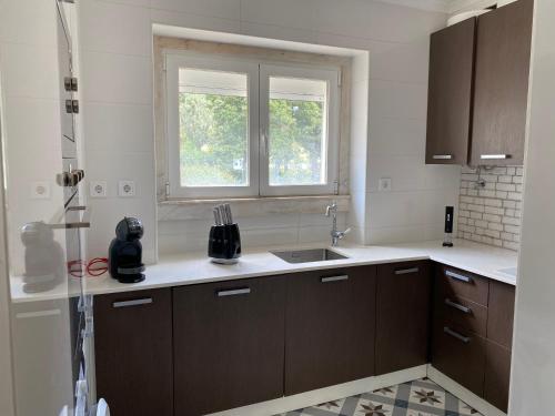 a kitchen with a sink and a window at T2 Alvalade em Lisboa para 3 Pessoas in Lisbon