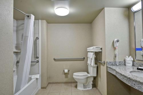 a bathroom with a toilet and a shower and a sink at Hampton Inn Lewisburg in Lewisburg