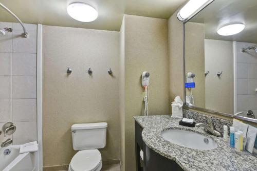 a bathroom with a toilet and a sink and a mirror at Hampton Inn Lewisburg in Lewisburg