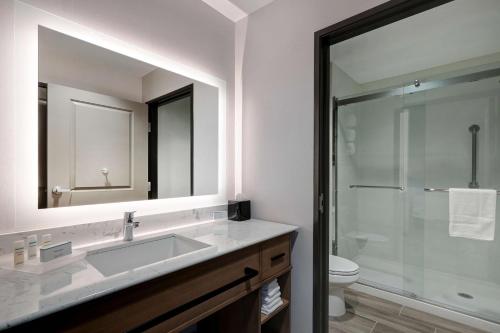 La salle de bains est pourvue d'un lavabo, de toilettes et d'un miroir. dans l'établissement Homewood Suites By Hilton Santa Clarita/Valencia, Ca, à Santa Clarita