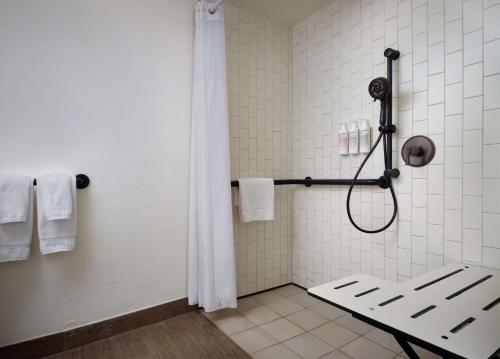 a bathroom with a shower with a bench in it at The Leta Santa Barbara Goleta, Tapestry Collection by Hilton in Santa Barbara