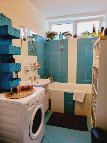 a bathroom with a washing machine and a washer at Dolly Apartment Airport in Velika Gorica