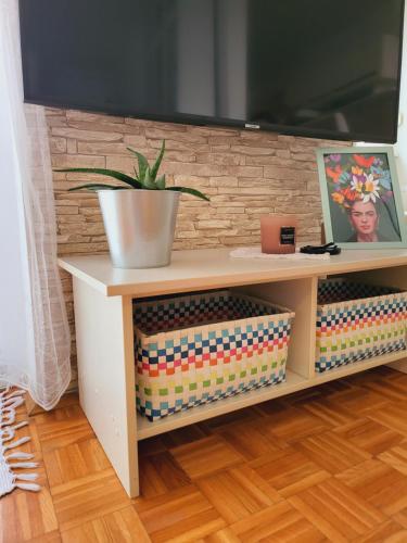 a tv stand with a potted plant on it at Dolly Apartment Airport in Velika Gorica