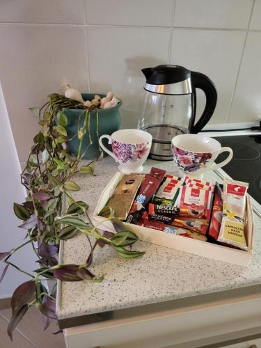 a table with a tray of food and two cups at Dolly Apartment Airport in Velika Gorica