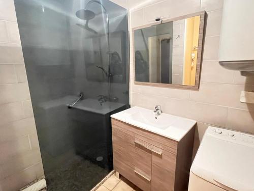une salle de bain avec une douche, un lavabo et un miroir dans l'établissement Charmant T2 au Centre d'Aix-les-Bains, Calme, Sud, Parking Privé, Proche Thermes et Commerces - FR-1-555-94, à Aix-les-Bains