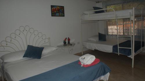 1 Schlafzimmer mit 2 Etagenbetten und einem Fenster in der Unterkunft Guacamayas in Santa Marta