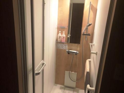 a bathroom with a shower with a sink and a toilet at Oyado Kinkiyu in Teshikaga