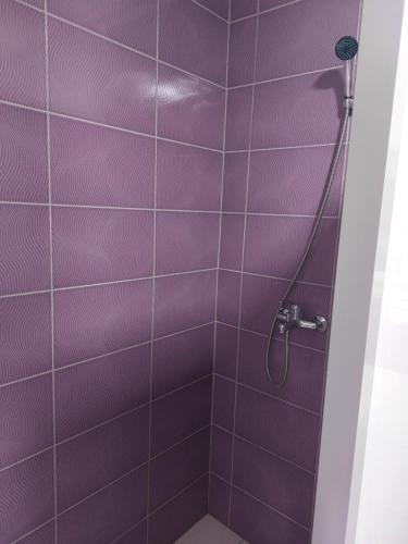 a shower with purple tiles in a bathroom at Apartments Alibasic in Dubrave Gornje