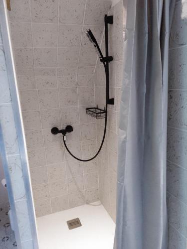 une douche avec un pommeau et un rideau de douche dans l'établissement Logement du Coteau entre Beauval et Amboise, à Faverolles-sur-Cher