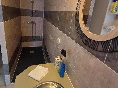 La salle de bains est pourvue d'un lavabo et d'une douche avec un miroir. dans l'établissement Appartement de vacances en cerdagne, à Bourg-Madame