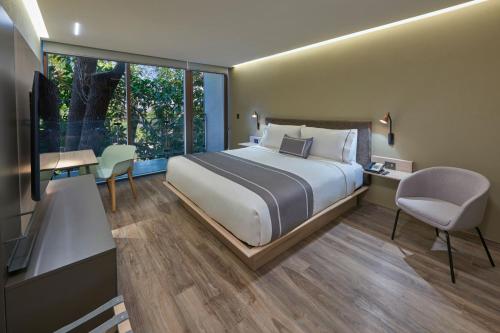 a bedroom with a bed and a desk and a tv at City Express Plus by Marriott Guadalajara Providencia in Guadalajara