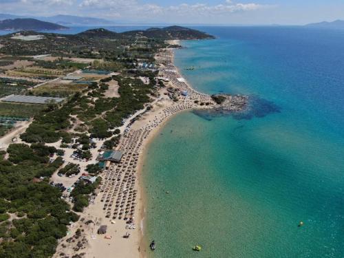 an aerial view of a beach and the ocean at The Emerald Lopi, 2km from Ammolofoi beach! The best kept secret in nature, of Nea Peramos in Nea Peramos