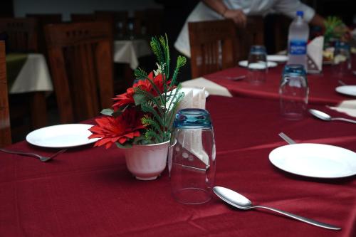 a red table with a red flower in a bottle at Hotel DH in Dharamshala