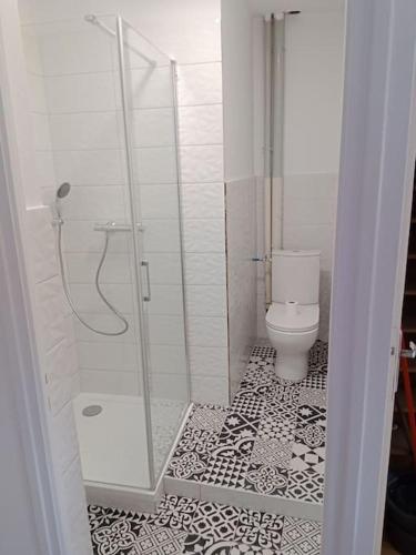 La salle de bains est pourvue d'une douche et de toilettes. dans l'établissement La petite suisse 2, à Jezainville