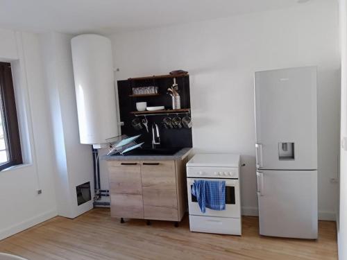 een keuken met een wit fornuis en een koelkast bij La petite suisse 2 in Jezainville