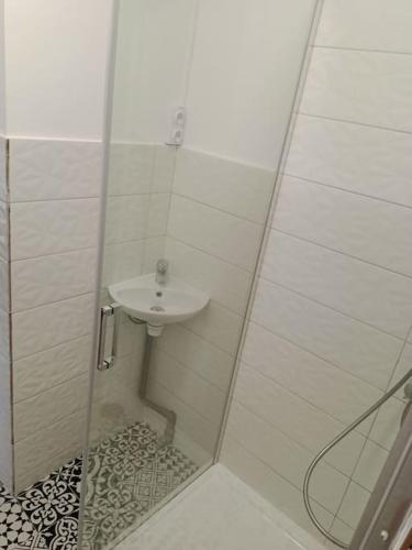 La salle de bains est pourvue d'une douche et d'un lavabo. dans l'établissement La petite suisse 2, à Jezainville