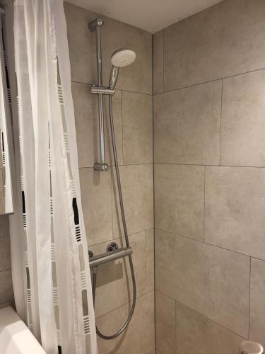 La salle de bains est pourvue d'une douche avec rideau de douche. dans l'établissement Chalet Renswouw, à Renswoude