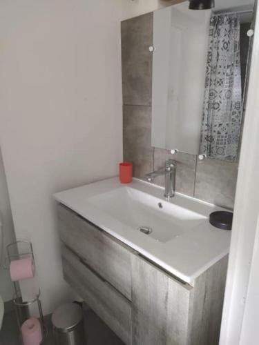 une salle de bain avec un lavabo blanc et un miroir dans l'établissement Maison Chez Catherine, à Baix