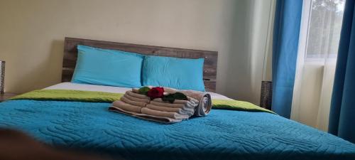 a bed with a pile of towels on it at Chez Syl in La Dagotière