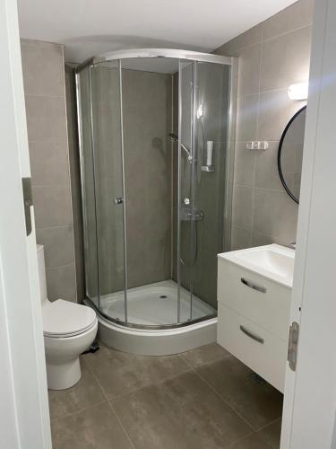 uma casa de banho com um chuveiro, um WC e um lavatório. em Hotel Maya em Horezu