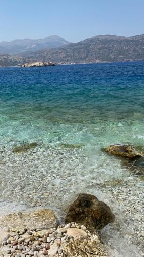 a body of water with rocks and the ocean at Dolphin Hotel Apartments in Karpathos Town