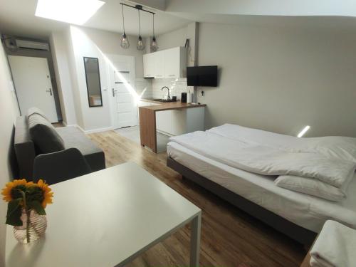 a bedroom with a bed and a table and a couch at Apartamenty na Rynku Tarnów in Tarnów