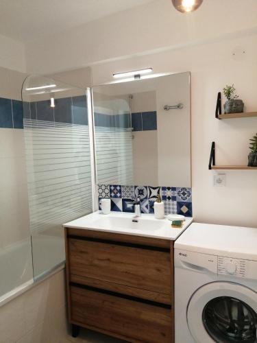 une salle de bain avec un lavabo et une machine à laver dans l'établissement Apptt rénové bien situé parking terrasse vélos, à Blois