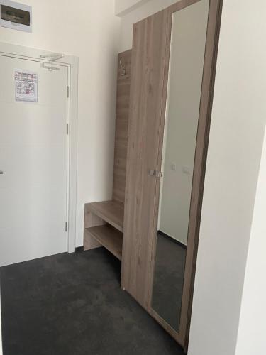a closet with a wooden door in a room at Hotel Maya in Horezu