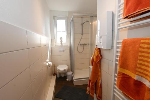 ein kleines Bad mit einer Dusche und einem WC in der Unterkunft Ferienwohnung NORDIA Allee und See in Büsum