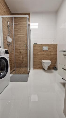 a bathroom with a shower and a washing machine at Apartament Przy Dworcu (centrum) in Tarnowskie Góry