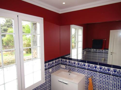 a red bathroom with a sink and a mirror at Finca El Cardinal - Atemberaubende Luxusvilla in Icod de los Vinos